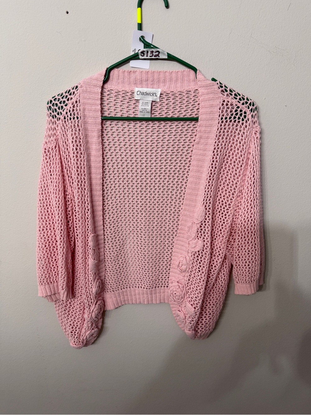 Women's Chadwicks Pink Open Knit Crochet Cardigan XL Floral Applique